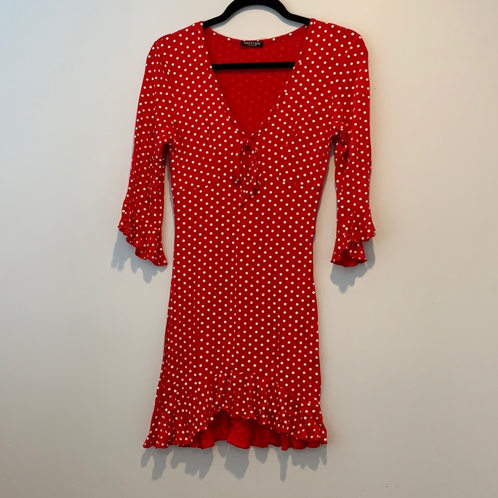 Red with white polka dots long sleeve dress